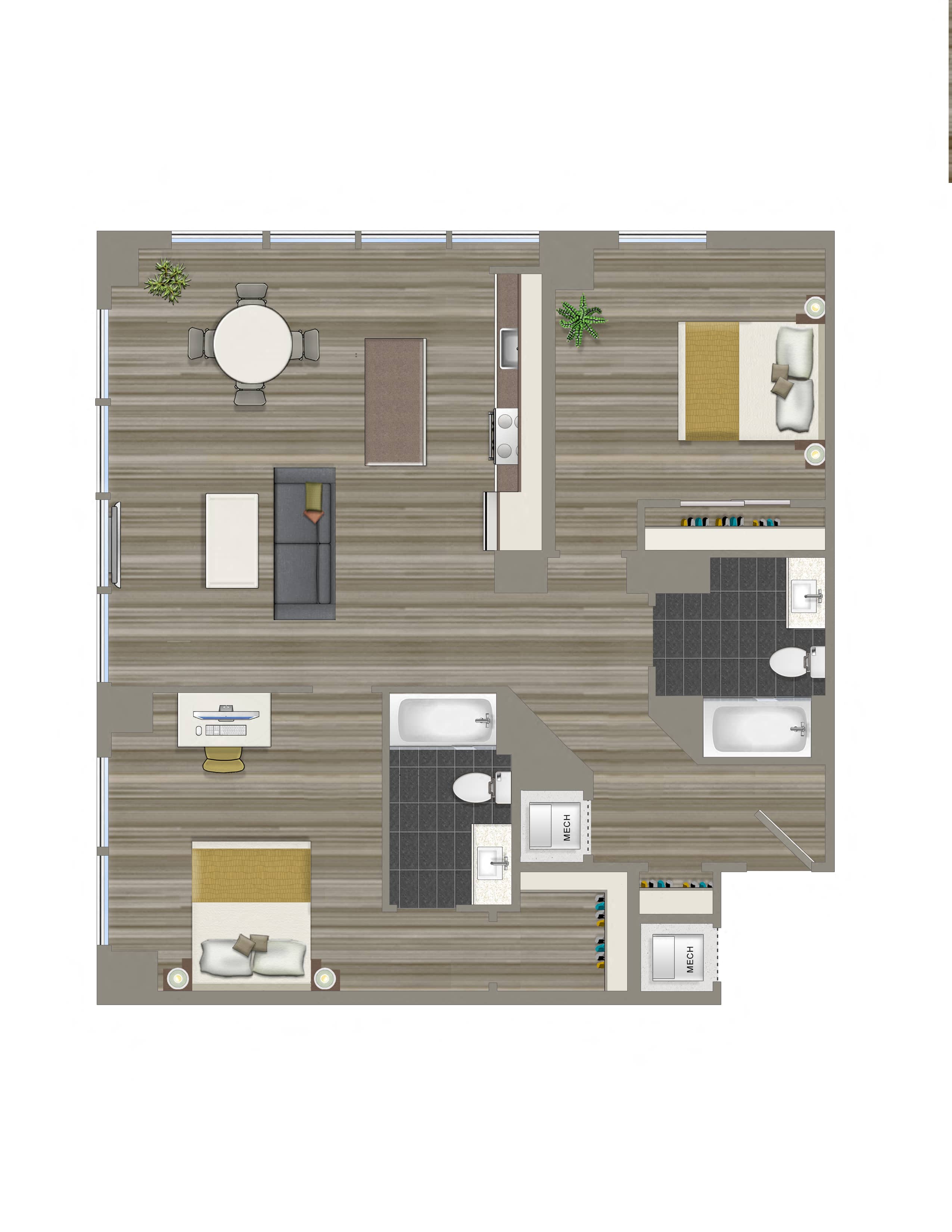 Floor plan for 2 beds, 2 baths, 1193 sqft